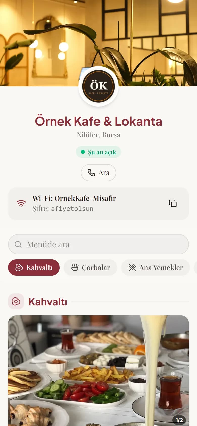 Bistro şablonunda örnek menü