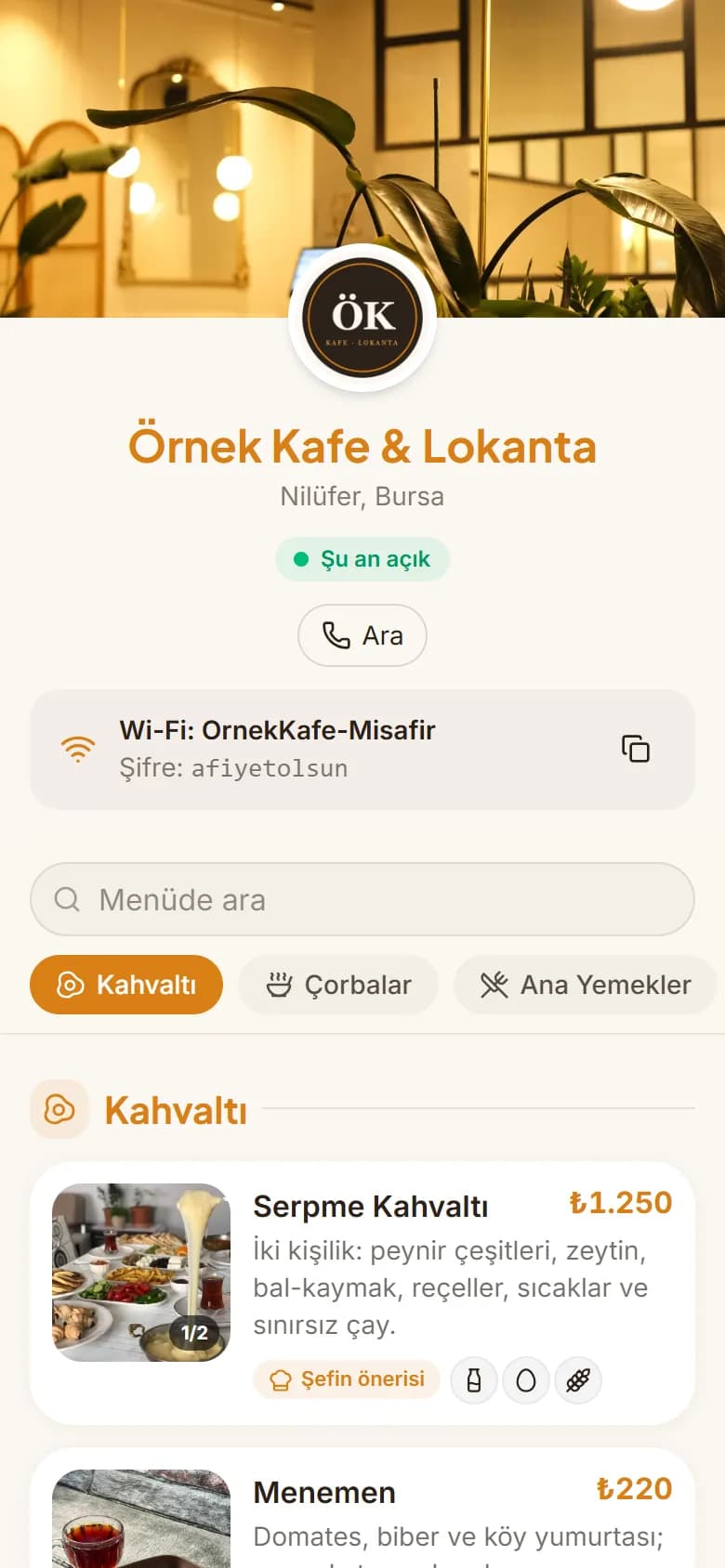 Kafe şablonunda örnek menü