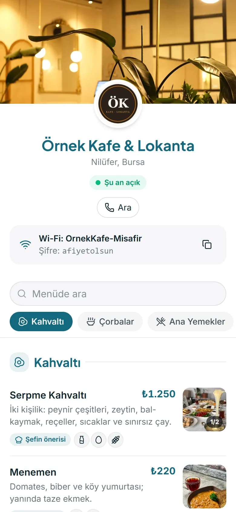 Klasik şablonunda örnek menü