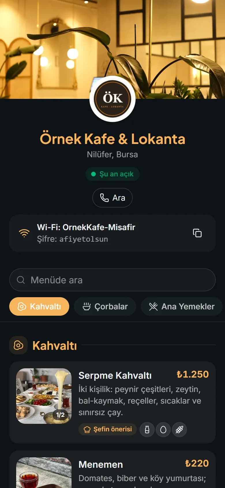 Gece şablonunda örnek menü