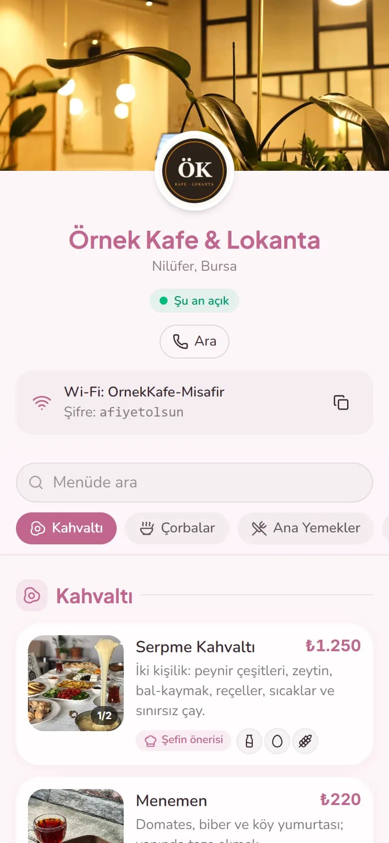 Pastel şablonunda örnek menü