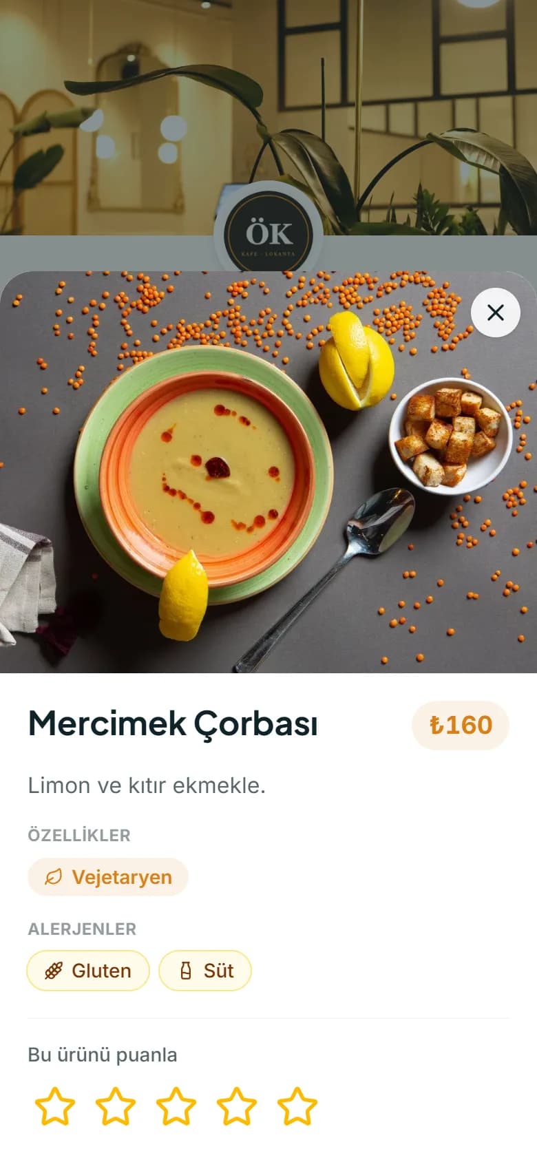 Örnek menüde ürün detayı