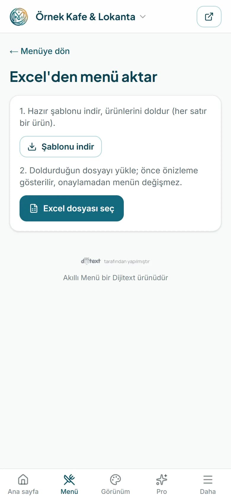 Excel ile menü aktarma ekranı