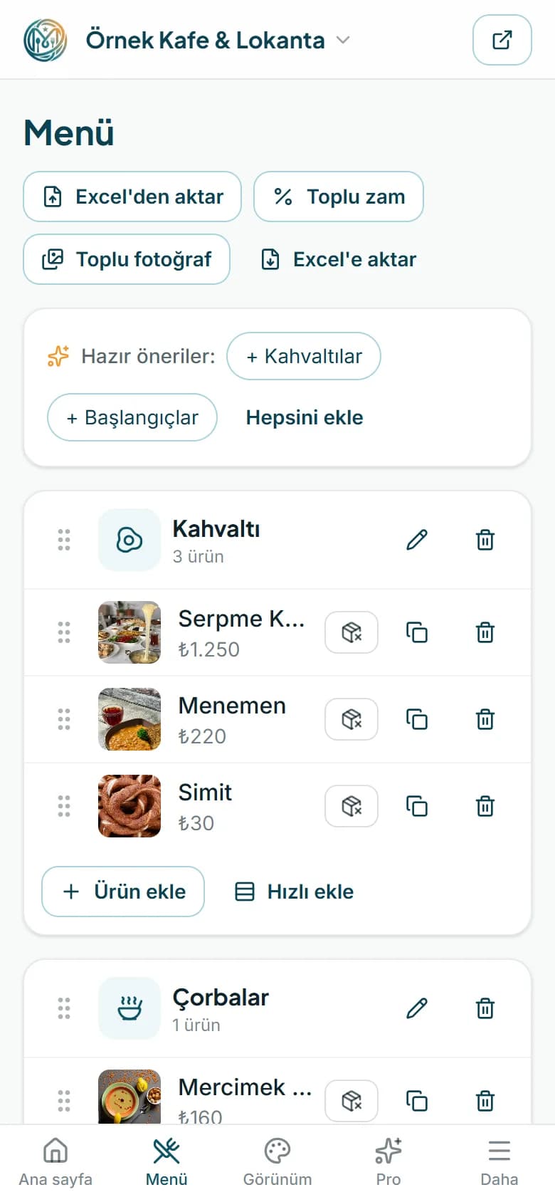Panelde menü düzenleme ekranı
